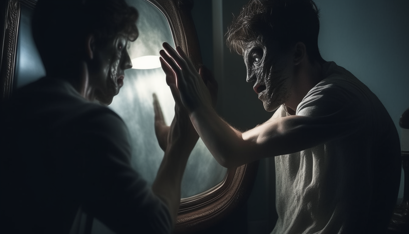 Generate an image capturing the moment John desperately clings to his surroundings, trying to resist being pulled into the mirror by the ominous, monstrous hand.