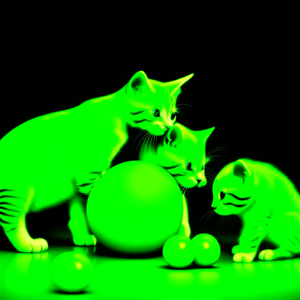 Cinco gatos jugando con pelotas, uno de ellos es de color verde