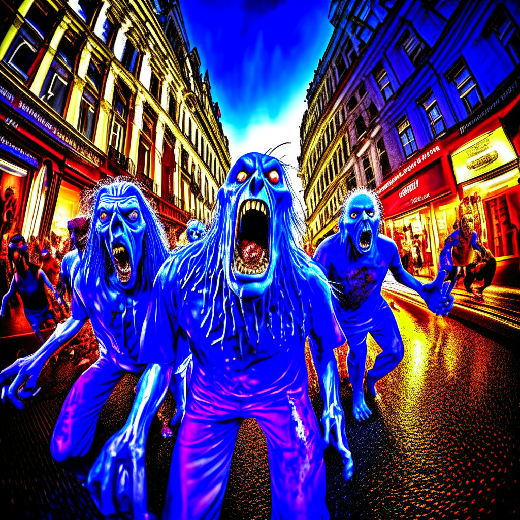 professional camera shot photograph taken shot in the first person, a group of zombies with big scream is running on city street, shot from the zombies riding angle by gopro, high speed, super motion blur