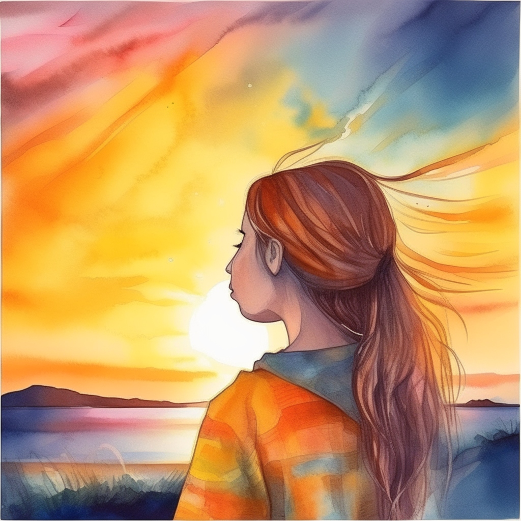 beautiful girl looking at the sunset, shining golden rays, colorful sunset on the horizon, watercolor