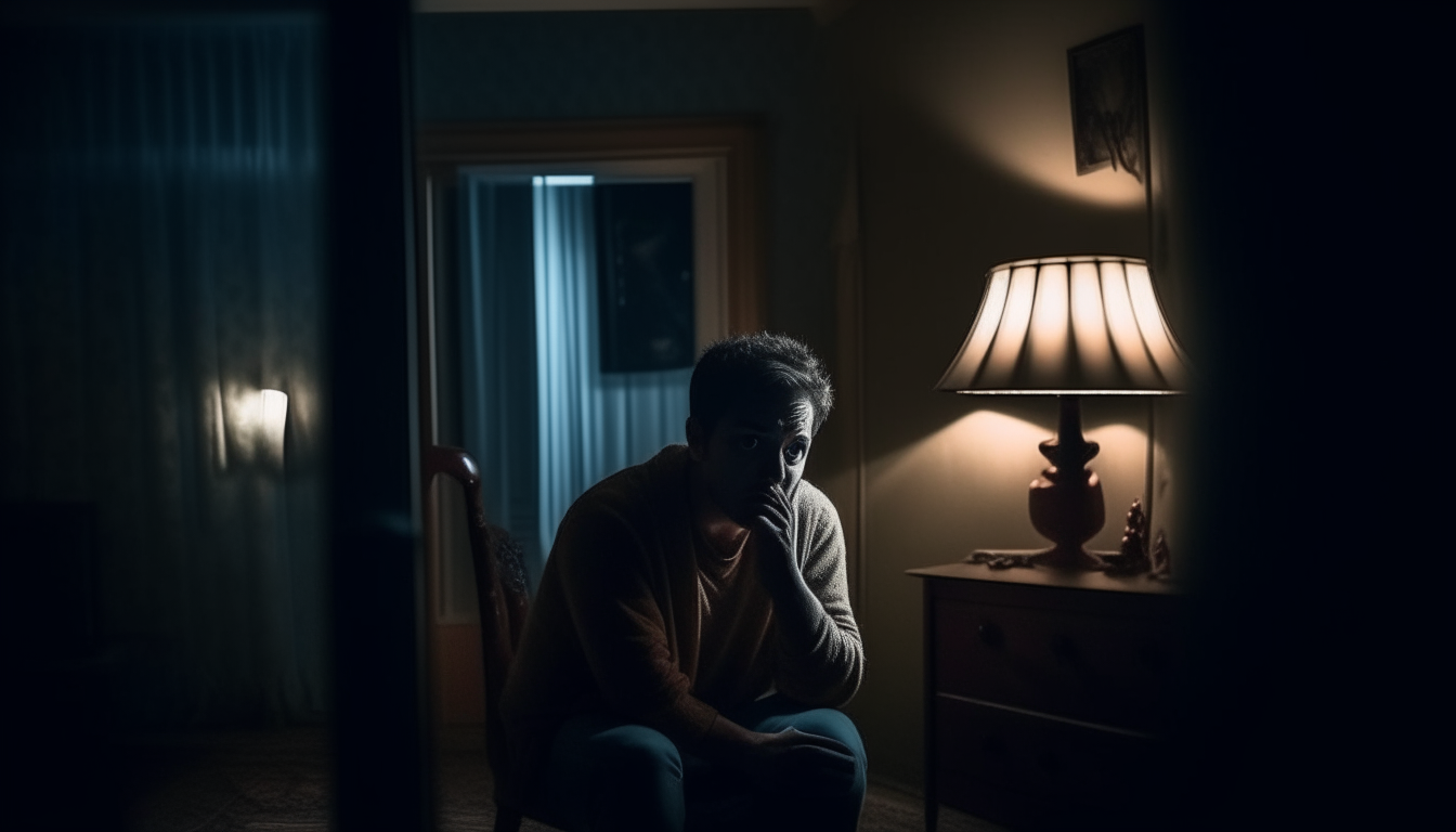 A man sitting alone in a dimly lit living room late at night. He is startled and terrified as he sees an evil face appearing in the mirror across the room.