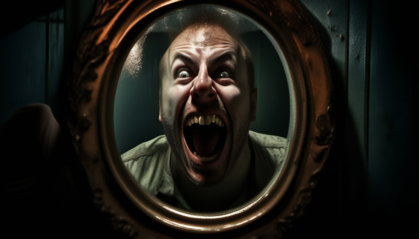 A man's terrifying face is visible in an old mirror. His eyes are wide with maniacal laughter as he screams into the night.