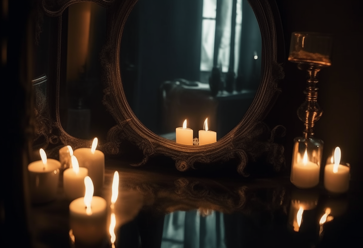 A dark and shadowy mirror surrounded by flickering candles. Eerie reflections and distorted shapes dance in the glass.