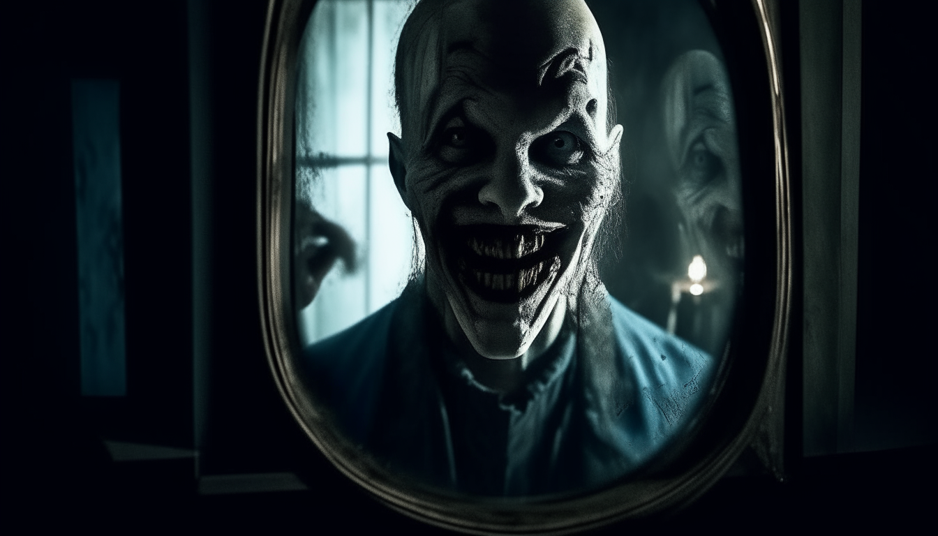 A terrifying figure appears in a cracked mirror, laughing maniacally with a demented expression. Dark shadows and an eerie glow surround the disturbing reflection.