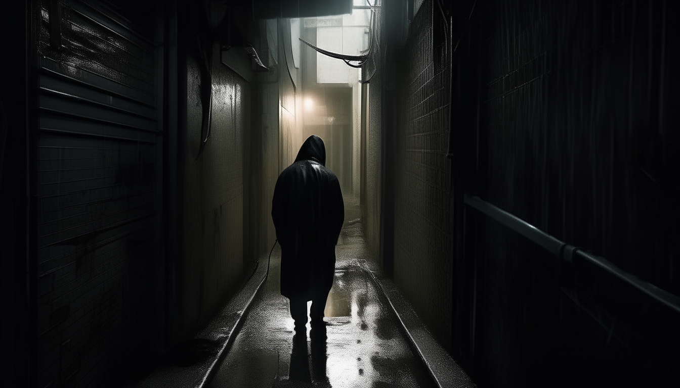 John ran down a dark alley, looking over his shoulder in fear. His pursuer's eyes seemed to be everywhere, watching from puddles and windows. How could he escape this terrifying presence that followed him everywhere?