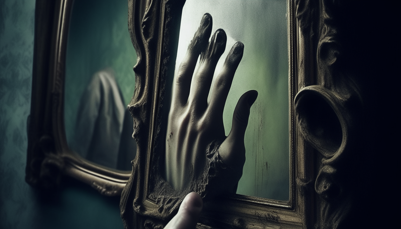 Suddenly, the mirror moved mysteriously and a huge, terrifying hand was revealed from it. The hand looked like the hand of a terrifying monster from another world. The hand quickly reached out to John, and began pulling him forcefully inward.