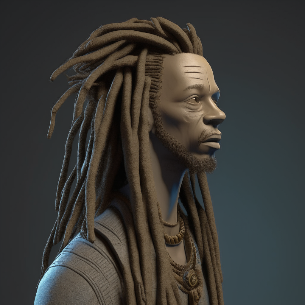 a third 3d model of the man with dreadlocks, this time as a stylized digital sculpture