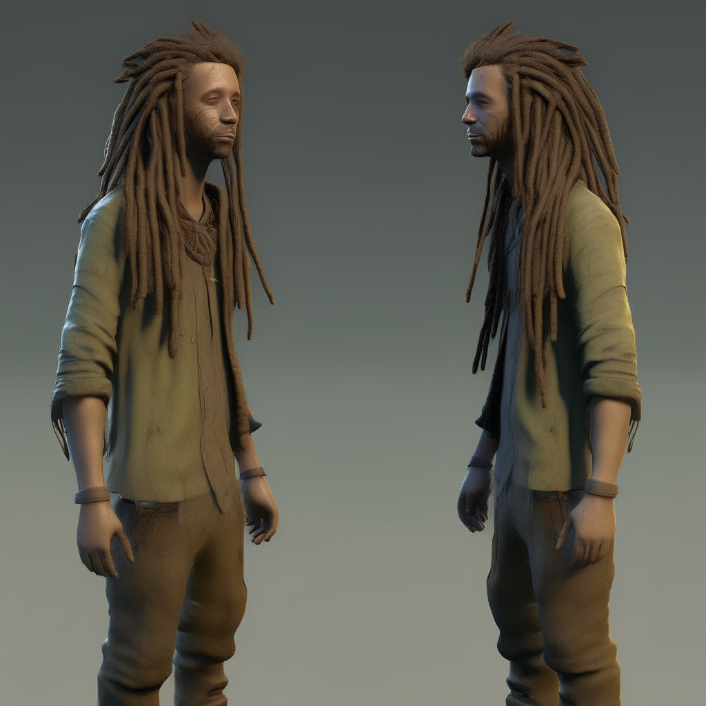 another 3d model of the man with dreadlocks, posed differently and in a different environment