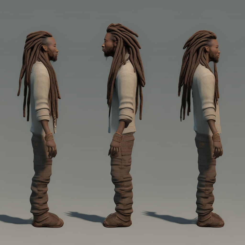 a 3d model of the man with dreadlocks standing in front of the wall, rendered from multiple angles