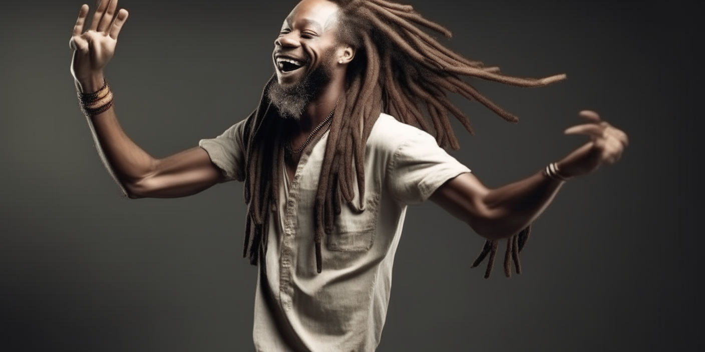 the man with dreadlocks dancing joyfully