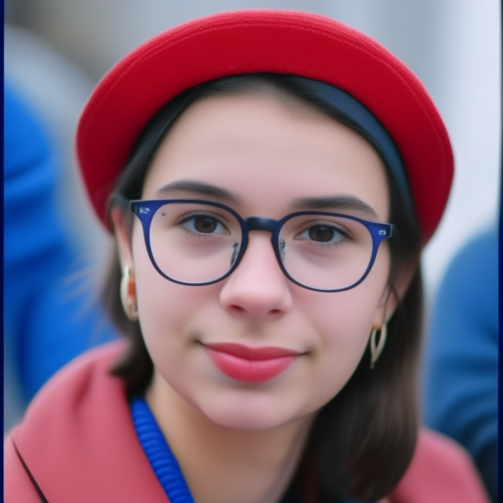 a picture of a young woman with a name tag wearing glasses and a red hat, with a blue colored font