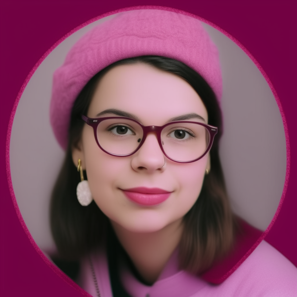 a picture of a young woman with a name tag wearing glasses and a red hat, with a pink colored font and purple background