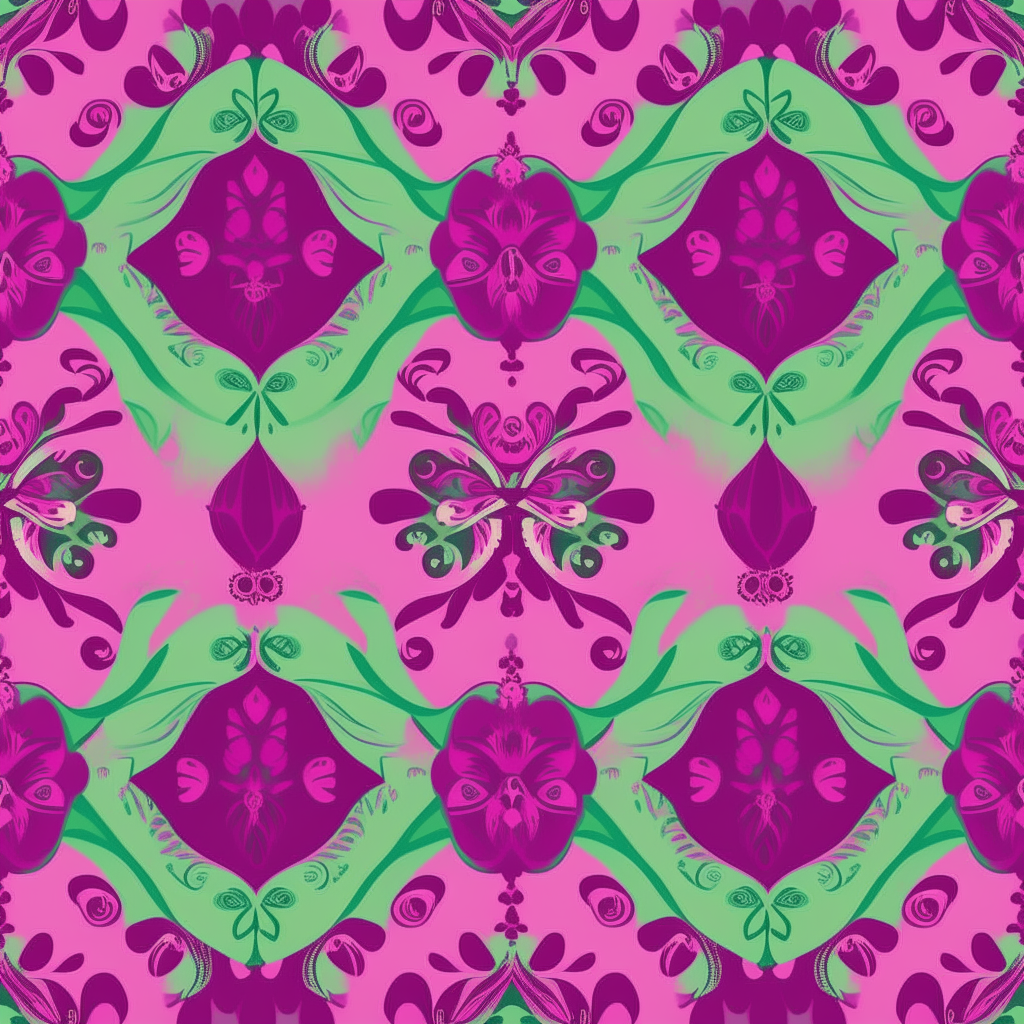 A textile background in the style of a Fallas festival flag, with repeating floral motifs in pink, purple and green