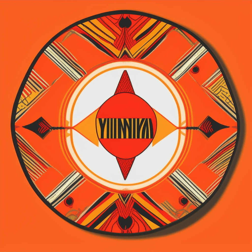 A copy of the final 50mm diameter pin design, with the caricature image, text 'Yanira F.M.Inf. 2024' in Times New Roman orange font, and textile background from the first option.