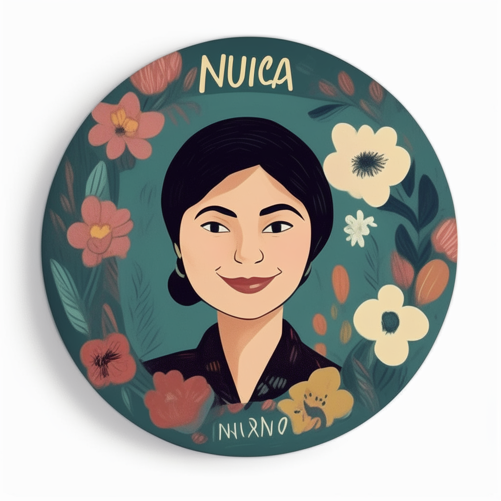 a circular badge that is 50mm in diameter, with the floral wallpaper pattern from image 1 filling the background, and the smiling portrait from image 2 in the center, with the text 'Nuria F.M. 2024' below in a sans serif font