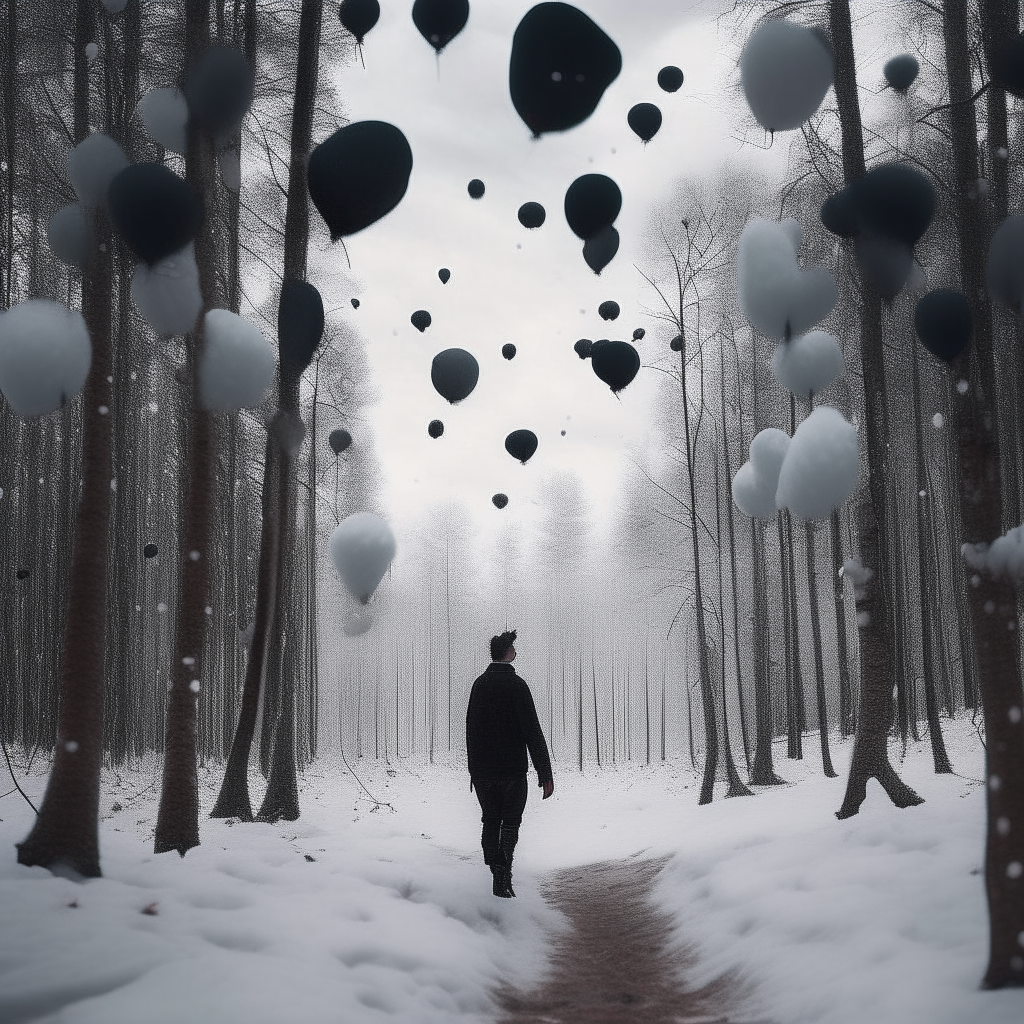 a man into a snow forrest with hundreds of black party baloons flying around him