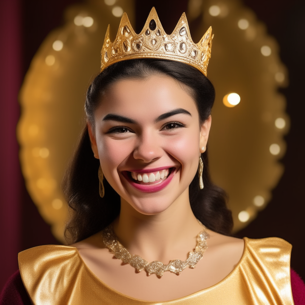 A woman wearing a tiara smiles as she stands inside a large golden circle with a crown design on top.