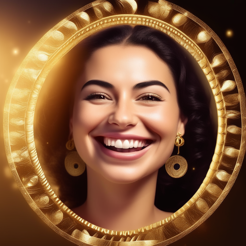 Un gran círculo dorado con una corona en la parte superior, con la imagen de una mujer sonriente usada como fondo dentro del círculo.