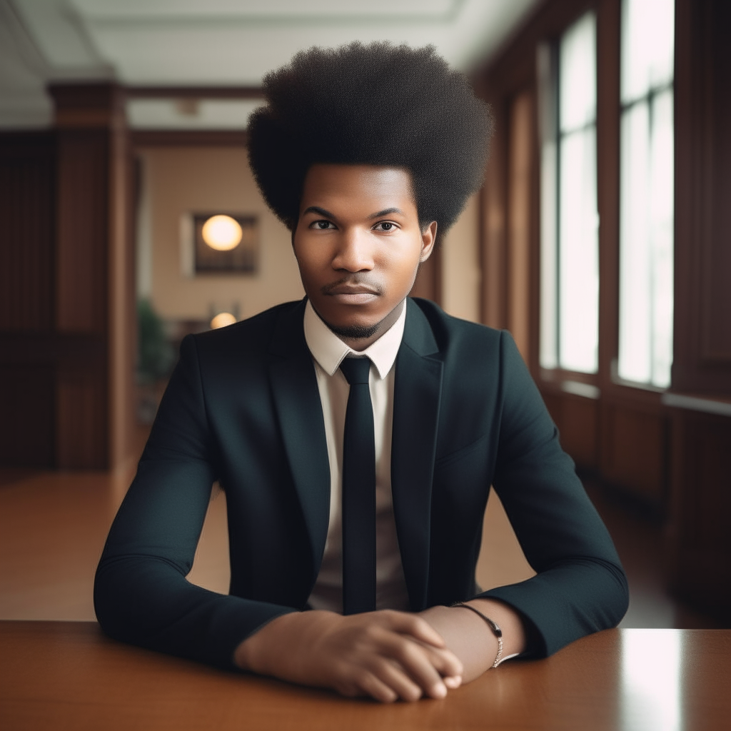 An handsome african man in his 20s, dressing neatly with well carved afro afro hair sitting in an expensive business room looking straigth at the camera for presentation