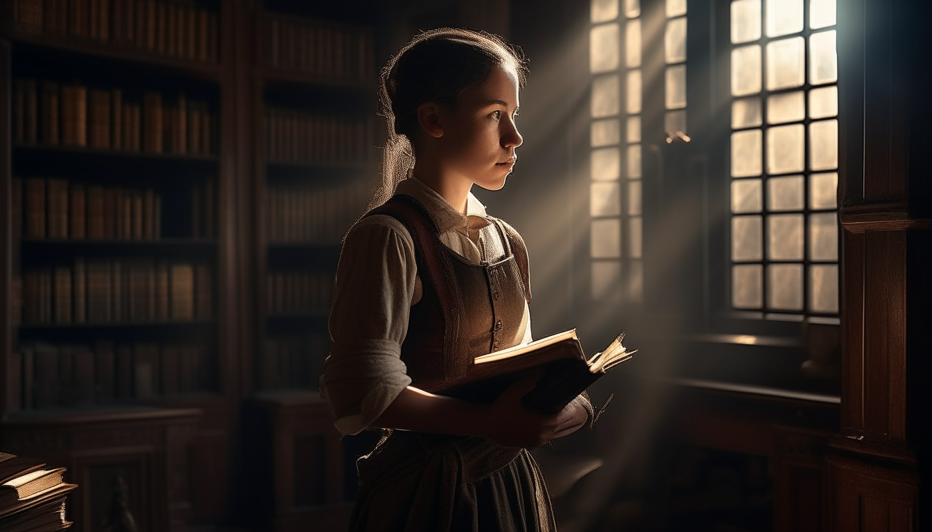 A young scholar stands in a dimly lit library, holding an antique leather-bound book wrapped in worn straps and buckles. Dust motes float in the air as sunlight streams through high windows, illuminating the scholar's look of curious suspense as they ponder the book's mysterious contents.