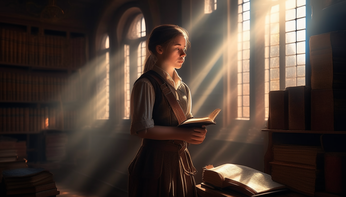 An immortal young scholar stands in a dimly lit library, holding an antique leather-bound book wrapped in worn straps and buckles. Sunlight streams through high windows, illuminating dust motes in the air and the scholar's look of curiosity as they ponder the mysterious contents of the ancient tome.