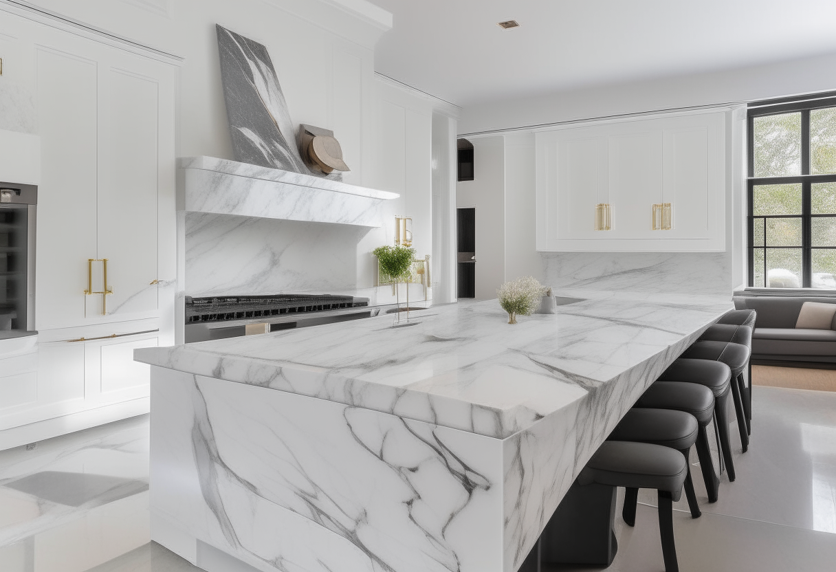 a luxurious Calacatta marble countertop in a modern kitchen, polished finish, white veining an elegant Calacatta marble fireplace surround and hearth in a traditional living room a Calacatta marble table with curved edges and four upholstered chairs in a dining room a Calacatta marble vanity counter and backsplash in a spacious bathroom with a freestanding tub a Calacatta marble wet bar with glass shelves and brass accents in an open floor plan living area a Calacatta marble entryway table with a floral arrangement and mirror above in a foyer a Calacatta marble coffee table with brass legs and stacked books and magazines on a living room rug Calacatta marble tiles on the floor and lower walls of a shower with a rain shower head and bench Calacatta marble slabs stacked against the wall in the corner of a stone yard Calacatta marble stair treads and a polished brass railing leading upstairs in a two story entryway
