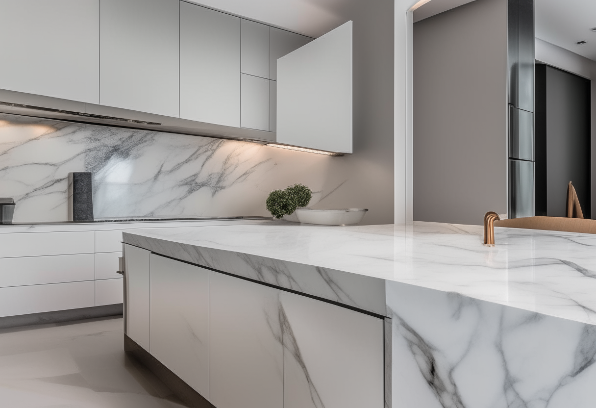 a luxurious Calacatta marble countertop in a modern kitchen, polished finish, white veining