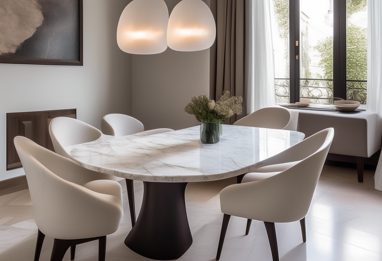 a Calacatta marble table with curved edges and four upholstered chairs in a dining room