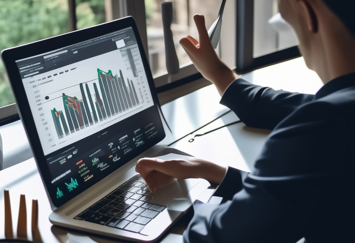 a social media manager reviewing analytics on website traffic and engagement for a client on their laptop detailed screen showing graphs and statistics