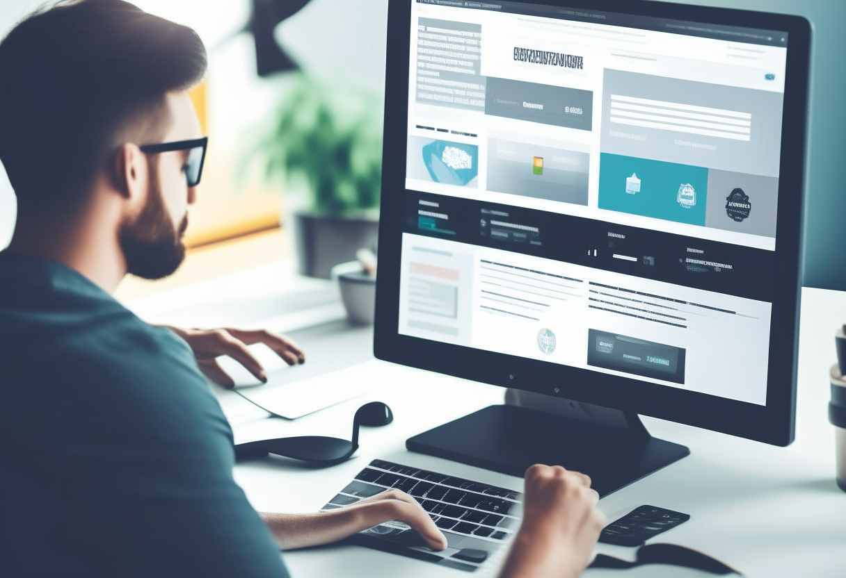 a web designer creating a new page layout for a client's website using graphic design software detailed screen showing website templates and elements
