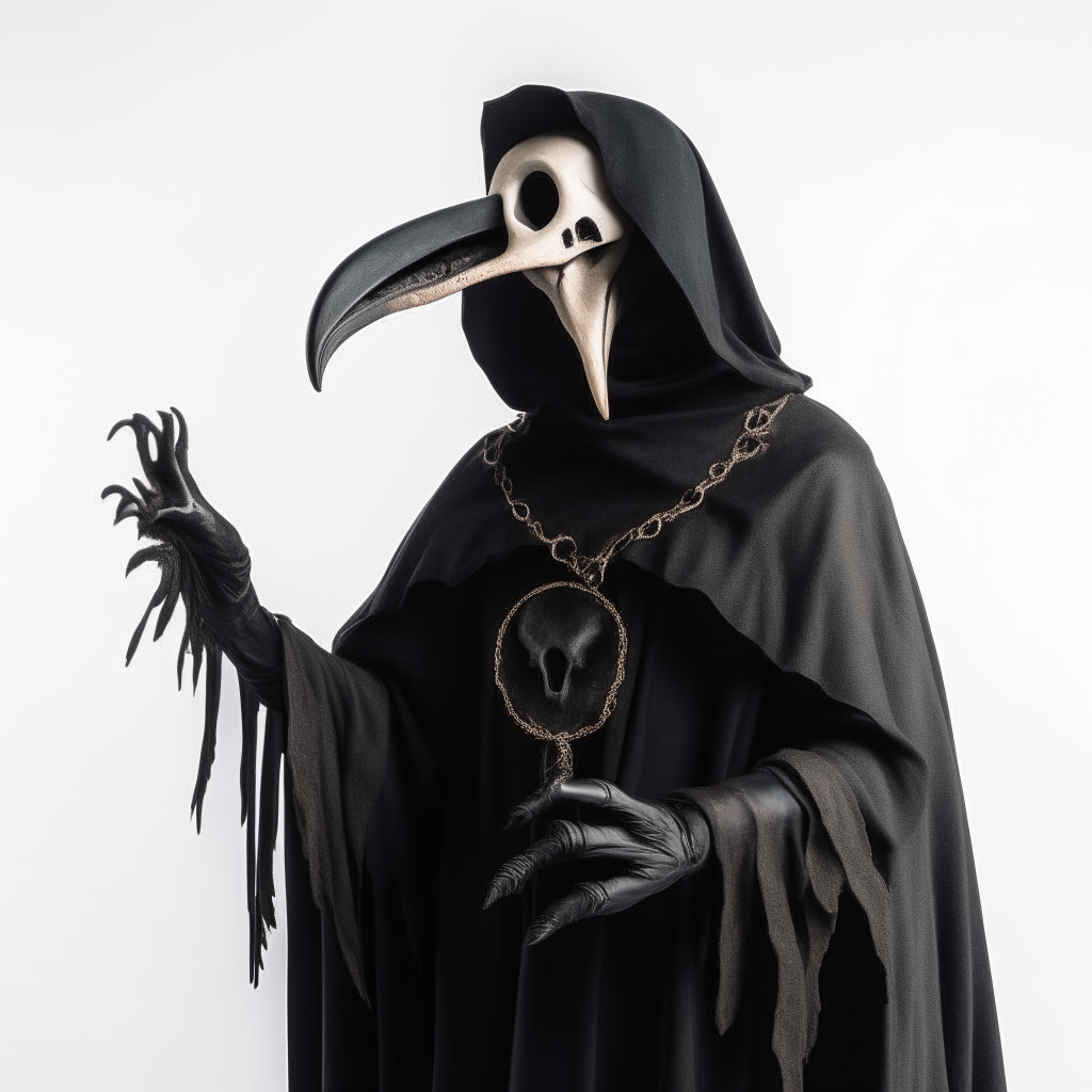 a black witch wearing a crow skull mask and black robes, standing against a blank white background