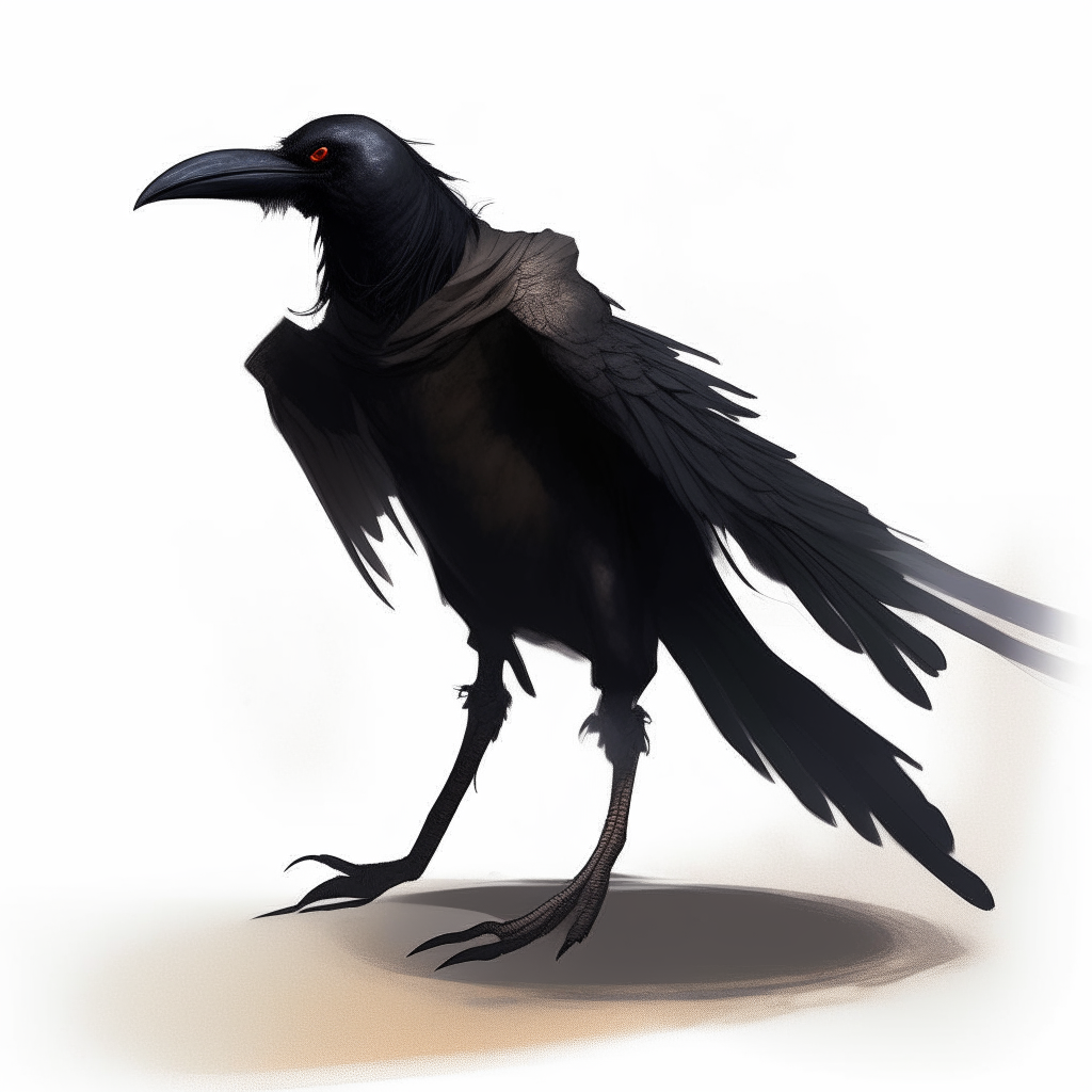 a crow-headed humanoid creature with black feathers and talons, standing menacingly against a blank white void