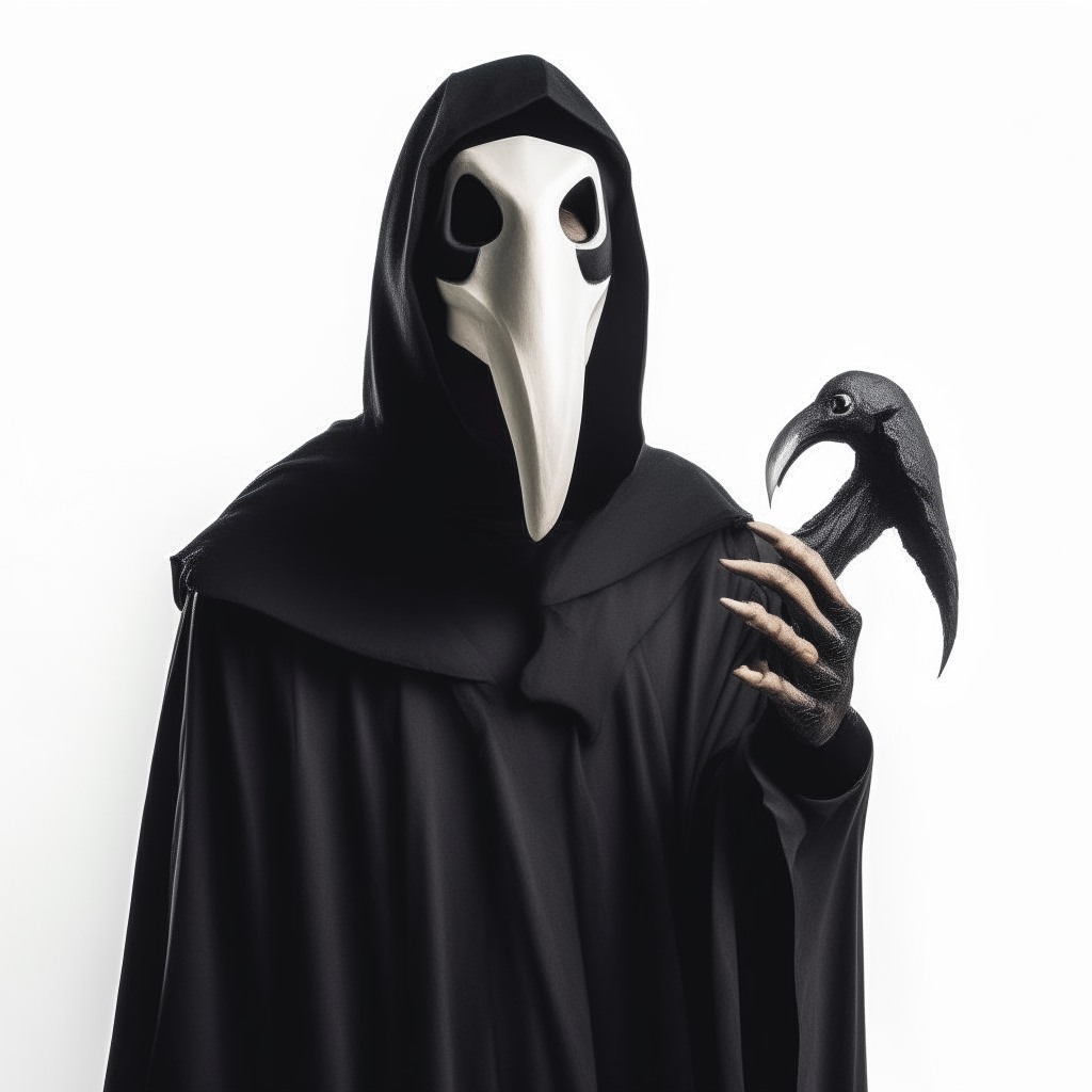 a witch wearing a crow skull mask and black robes, standing against a blank white void
