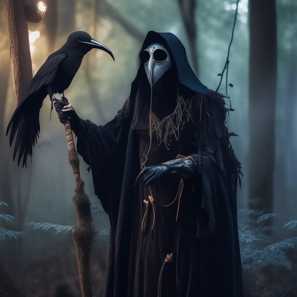 a crow witch casting spells in a dark fantasy forest, wearing a tattered black robe and crow skull mask, holding an ornate wooden staff