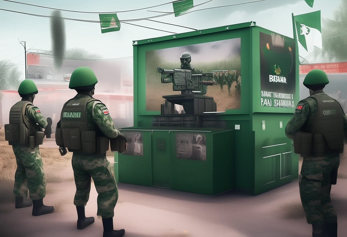 A Pakistani election booth surrounded by army soldiers in uniform standing guard with tanks parked nearby, realistic digital artwork