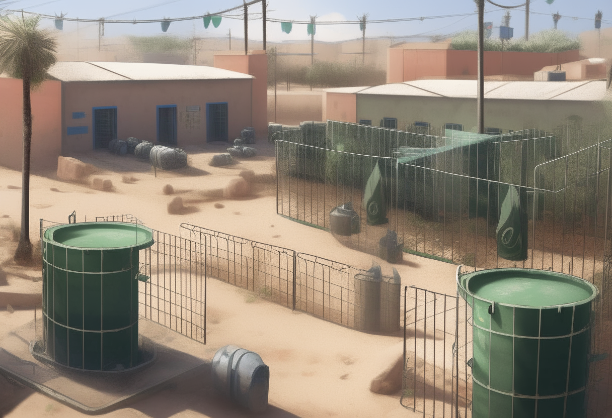 A Pakistani polling center surrounded by a fence with tanks parked just outside, realistic digital artwork