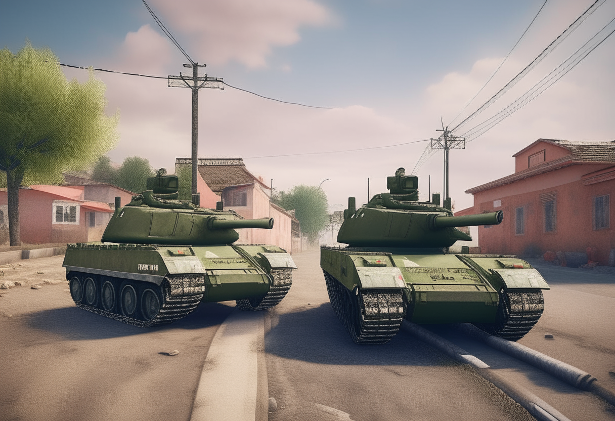 Two heavy Pakistani tanks parked on a road directly next to a Pakistani polling center, realistic digital artwork