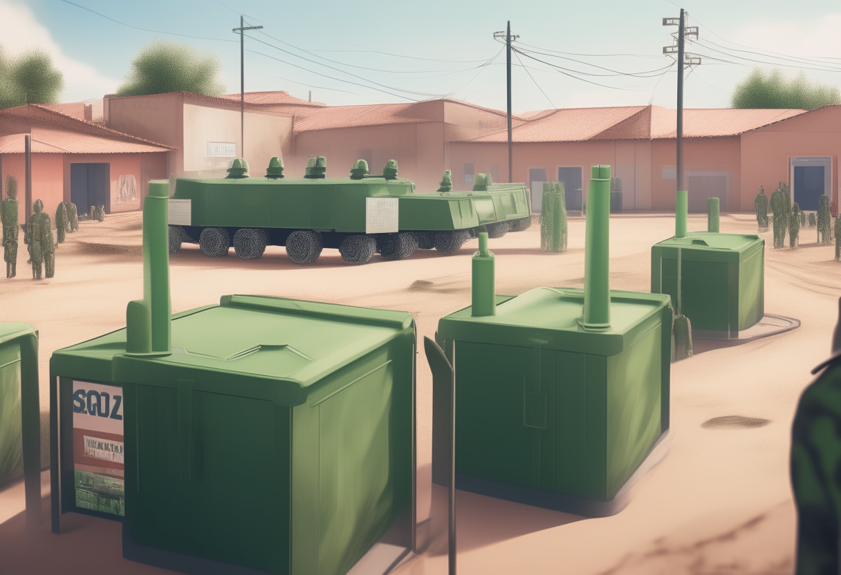 A Pakistani polling center surrounded by lines of people waiting to vote, with Pakistani flags flying on poles and two heavy tanks parked nearby, realistic digital artwork