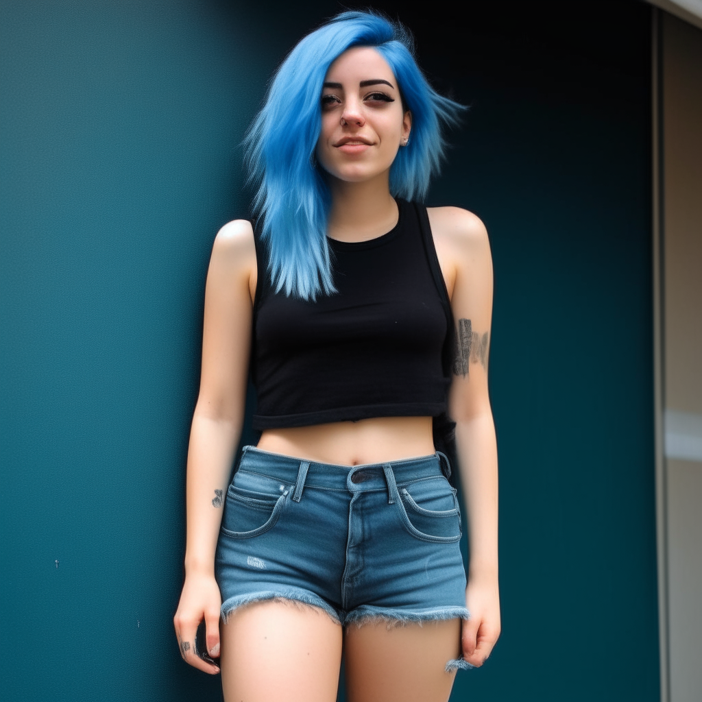 A front view of a woman with blue hair, black top and jean shorts.