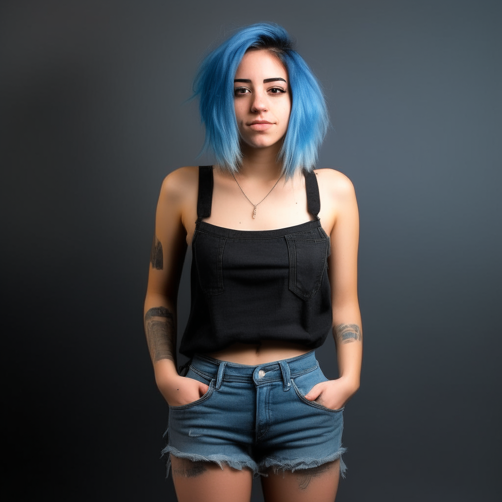 Another front view of a woman with blue hair, black top and jean shorts.