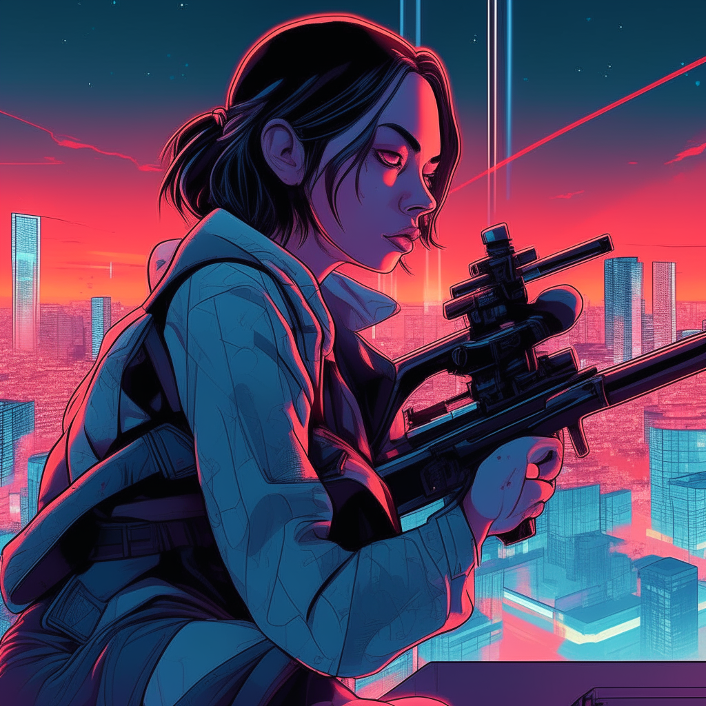 Aubrey Plaza aiming a futuristic rifle from the rooftop of a neon-lit skyscraper, manga-style cyberpunk illustration