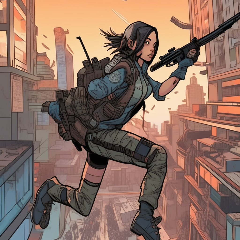 Aubrey Plaza jumping between buildings with a rifle strapped to her back, manga-style cyberpunk cityscape in the background