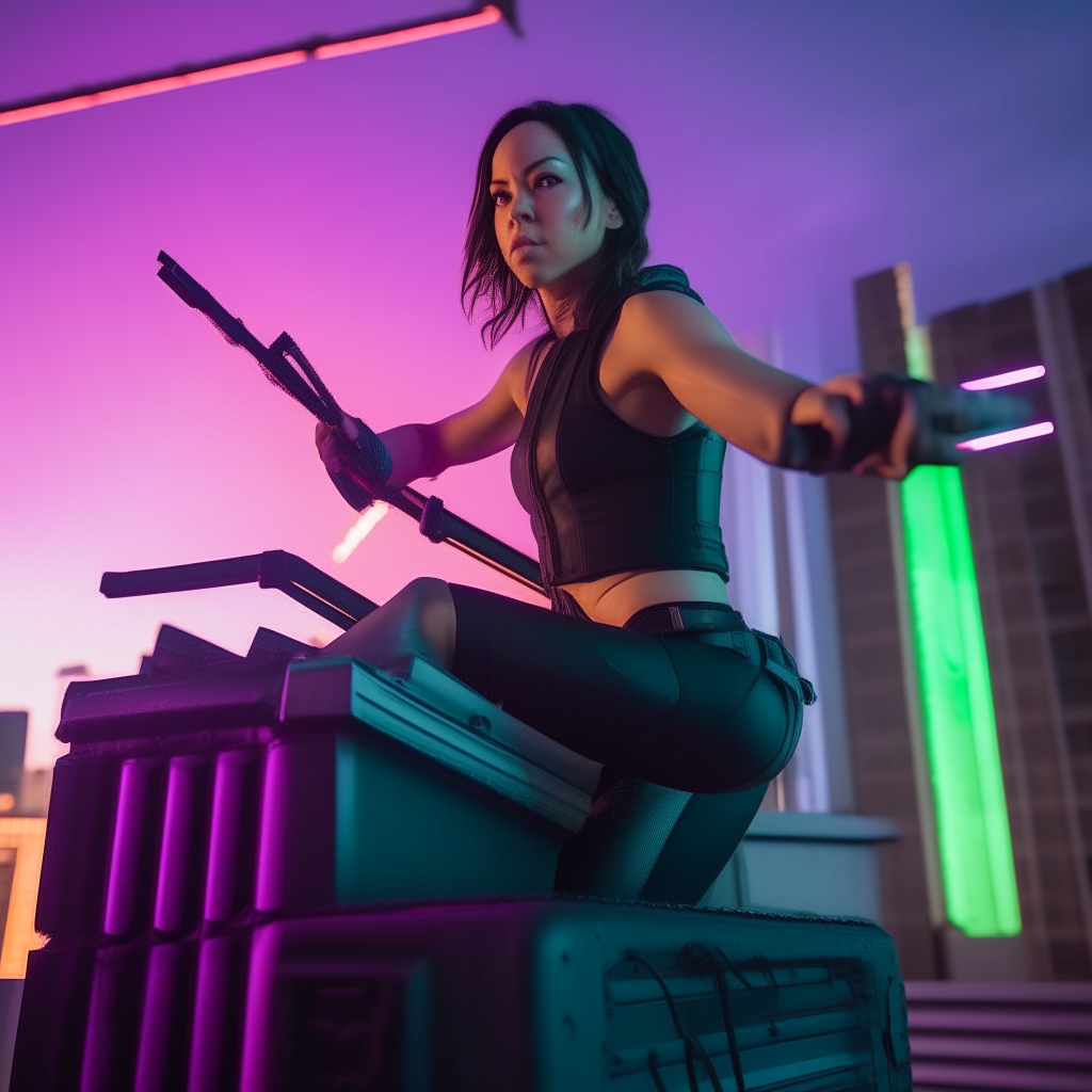 Aubrey Plaza vaulting over an air conditioning unit on a rooftop, rifle in one hand, cyberpunk neon lights illuminating her similar running pose