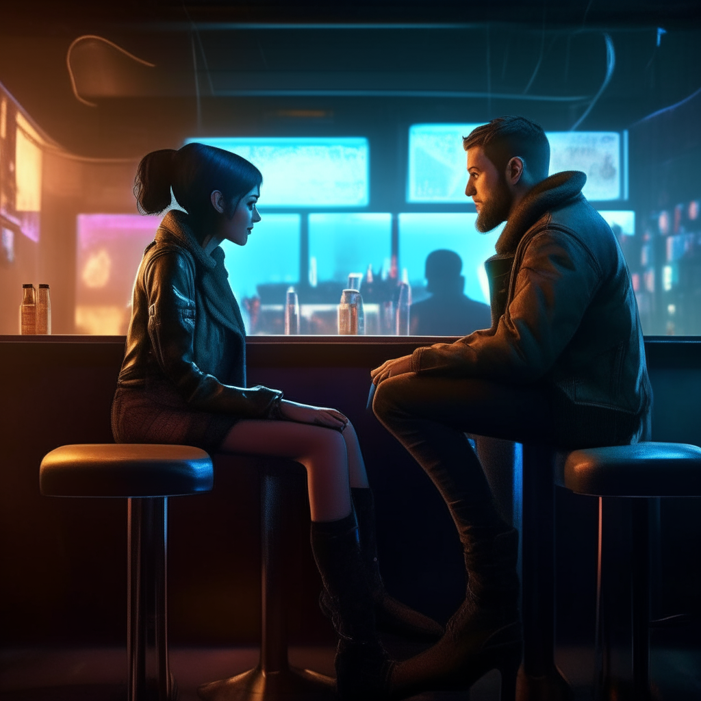 The man and woman from images 6 and 7 sitting on stools at a dimly lit cyberpunk bar, gazing intimately into each other's eyes