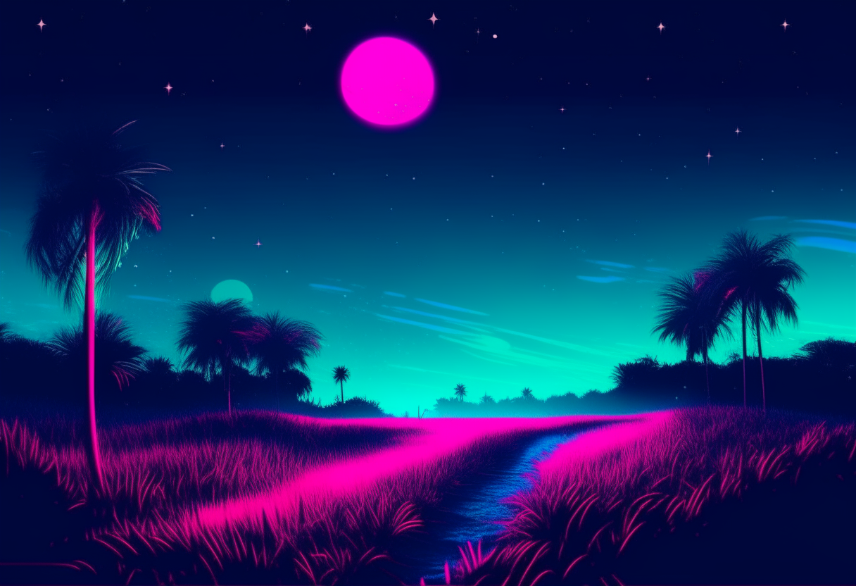 A moonlit field under a starry sky, Miami Vice style neon colors and lighting