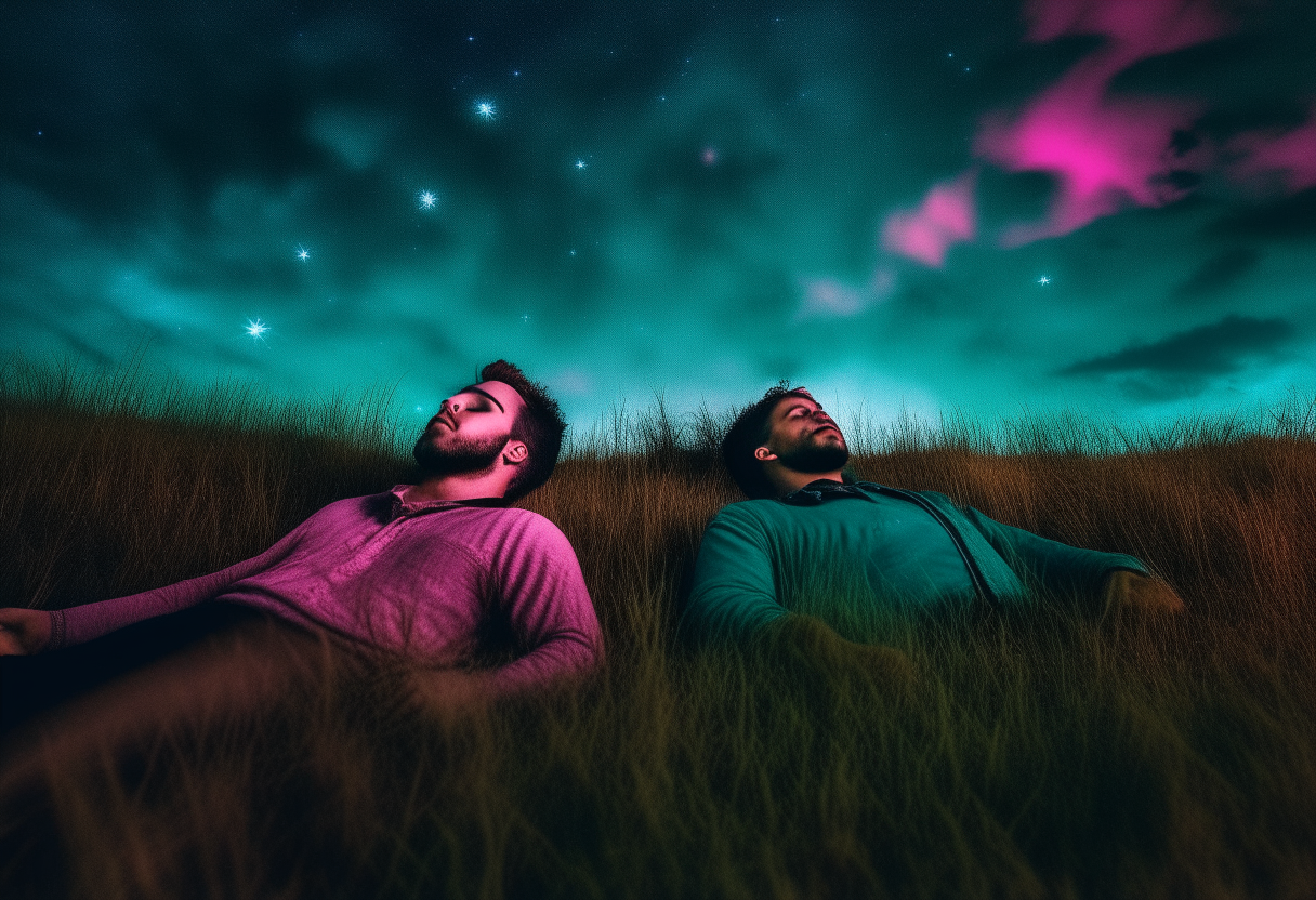 Two friends lying in the grass looking up at the dazzling night sky, colors and lighting inspired by Miami Vice