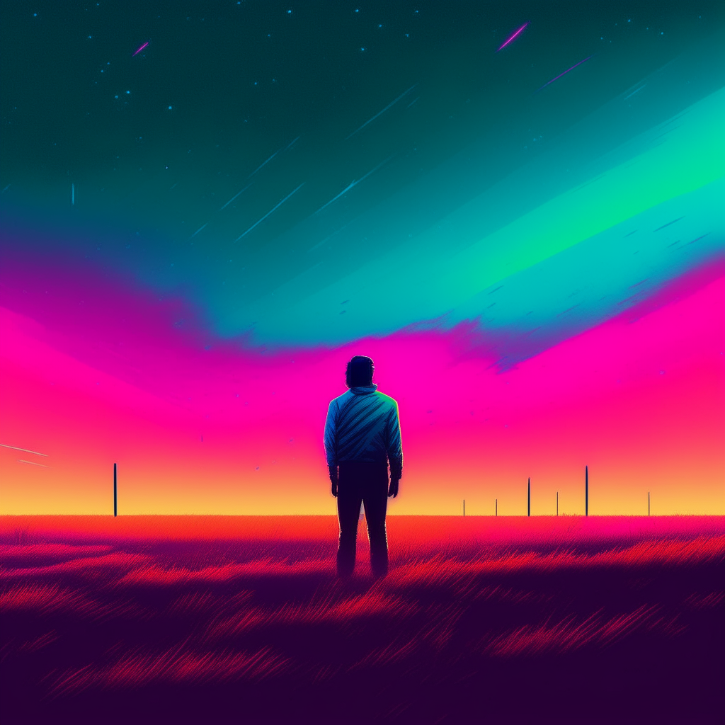 A lone figure standing in an open field gazing at the stars, neon colors and lighting reminiscent of Miami Vice