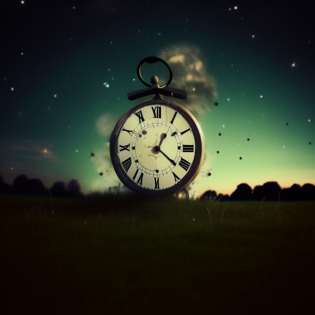 A melting clock face visible among the stars in a grassy field, surreal style