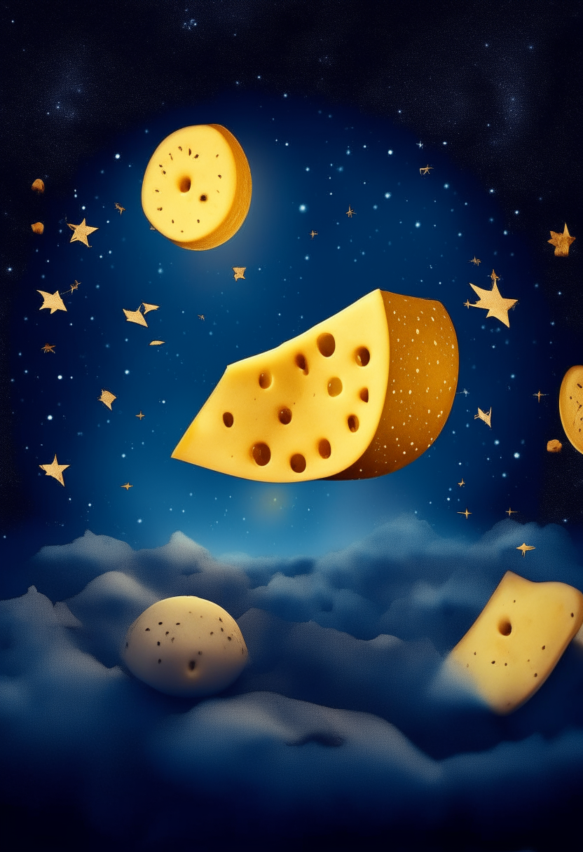 A night sky where the moon is made of cheese and stars are fruit, whimsically surreal
