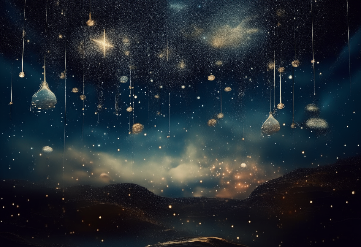 Stars raining down like droplets of light upon the earth, dreamlike surrealism
